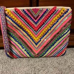 American & Beyond Beaded Embellished Top Zip Clutch